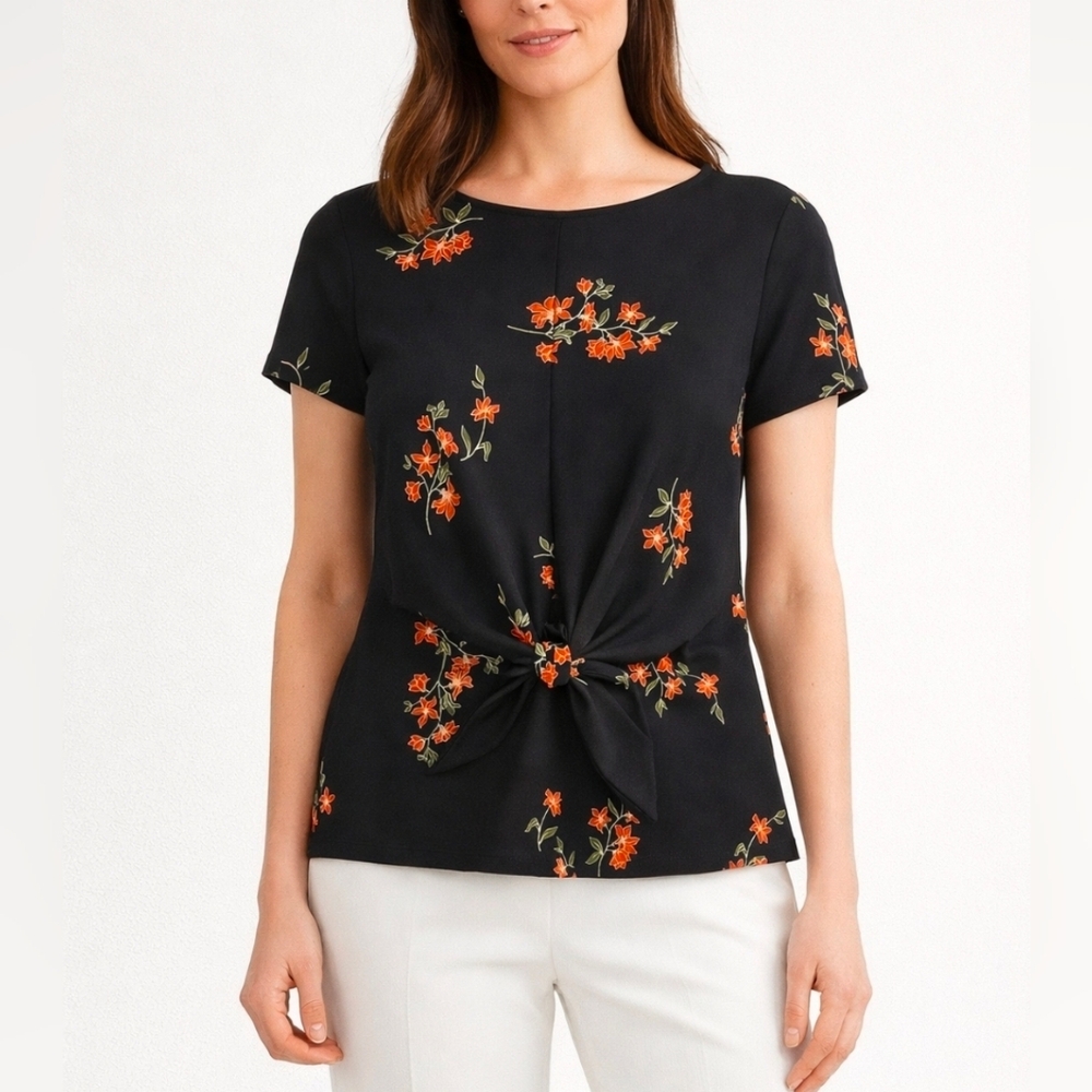 Ann Taylor Black Floral Knot Front Blouse – Short Sleeve Business Casual Top